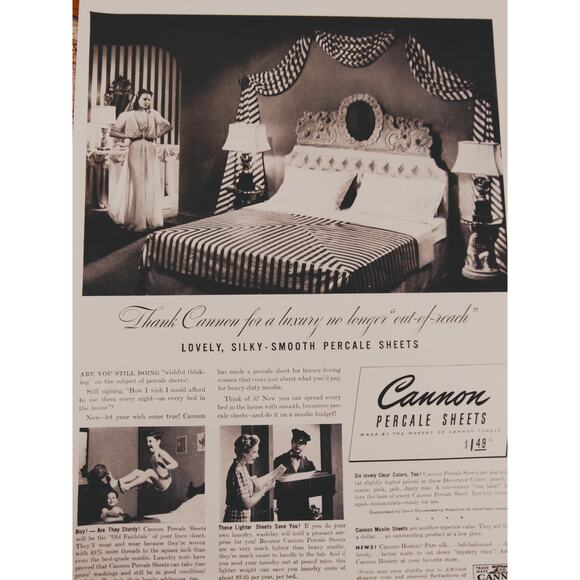 1940 Vintage Cannon Percale Sheets Print Ad Elegant Black & White Bedroom Decor - Picture 5 of 10